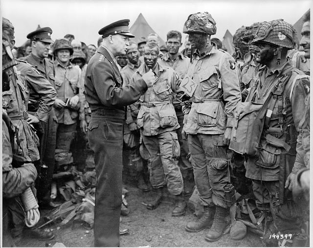 General Eisenhower speaks with paratroopers of the 101st Airborne before D-Day